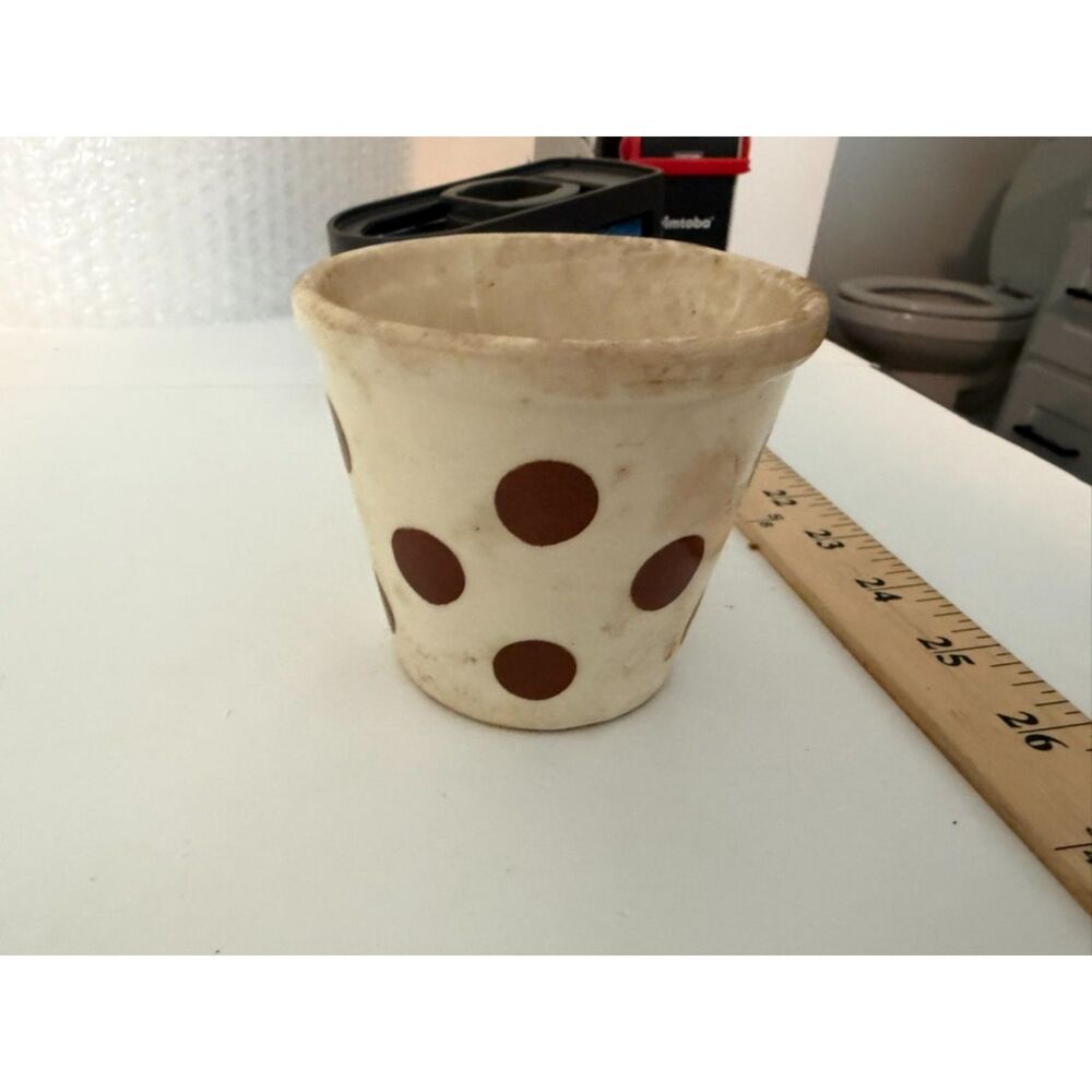 vtg cream ceramic flower pot with brown polka dot pattern